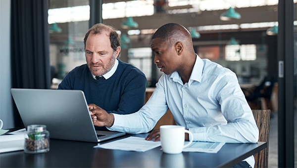 Men consulting computer
