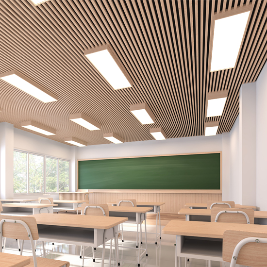 Empty classroom with desks, chairs and a chalkboard