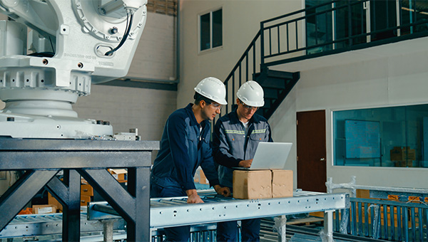 Two workers in hard hats use a laptop beside an industrial robot and conveyor with a boxed item
