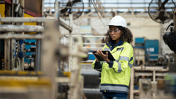 Worker in a high-visibility jacket and hard hat reviews information on a tablet inside a manufacturing facility