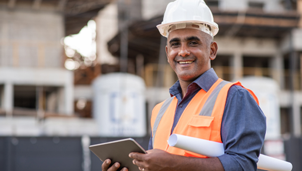 Contractor with white hard hat holding a tablet and blueprints