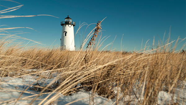 Lighthouse on the beach in tan grass