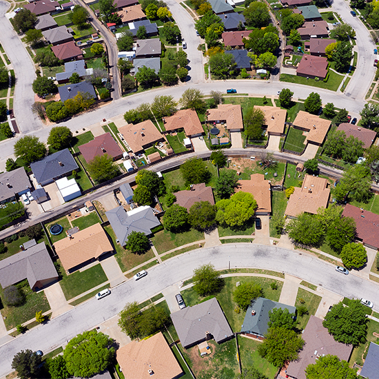Aerial view of a residential neighborhood