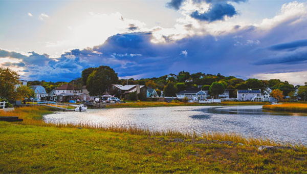 Grassy lake shoreline with houses