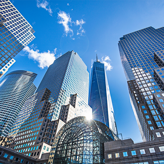 Low angle shot of city skyscrapers