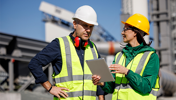 Two industrial employees talking in safety vests and hardhats