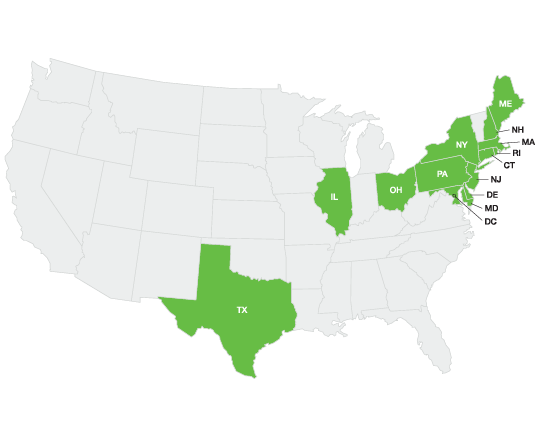 Map of US highlighting Northeast and Texas representing commercial electricity service areas