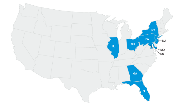 Map of United States with highlighted states indicating commercial natural gas areas