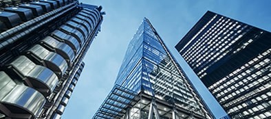 View looking up toward high rise buildings