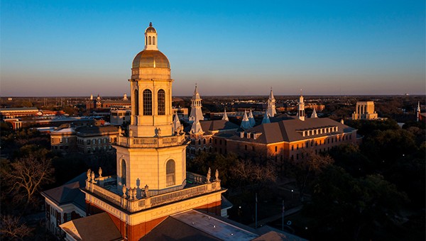 View of the Baylor University campus at sunset 