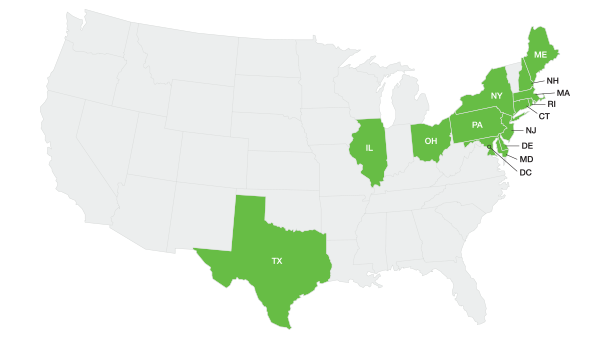 Map of United States with highlighted states indicating commercial electricity areas