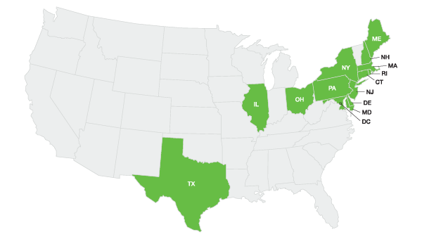Map of United States with highlighted states indicating commercial electricity areas