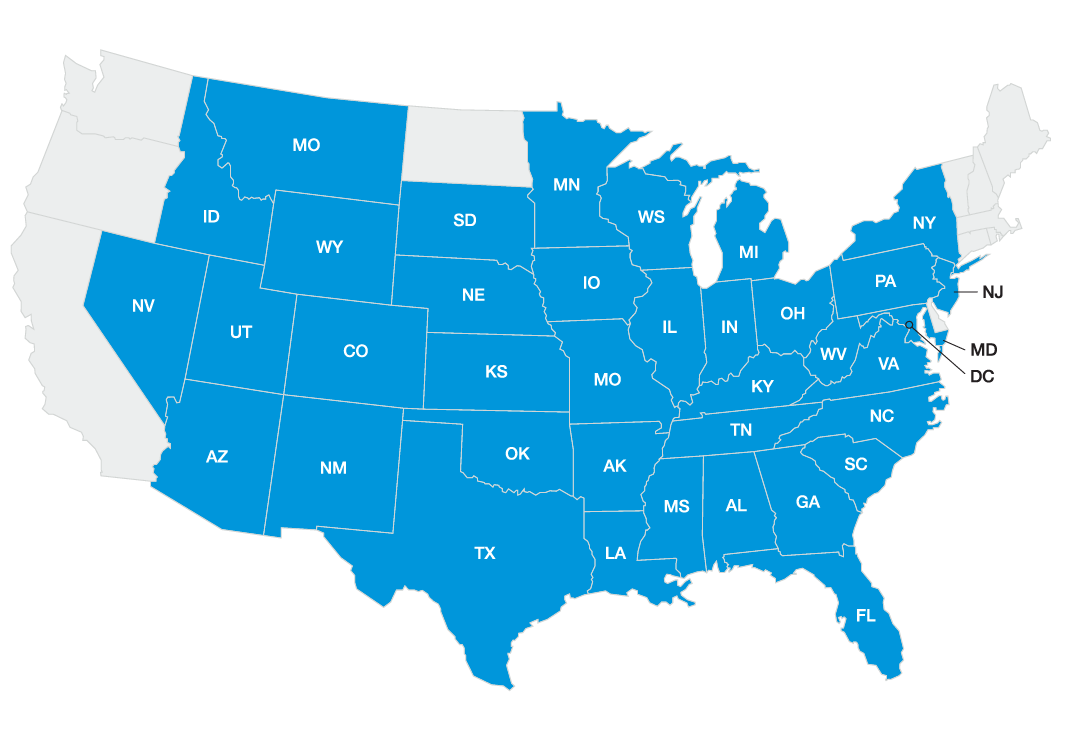 Map of United States with highlighted states indicating commercial natural gas areas
