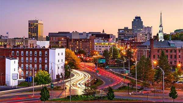 Massachusetts city skyline at dusk
