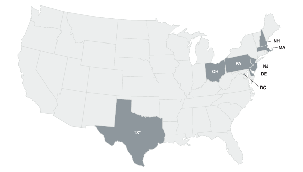 Map of United States with highlighted states indicating residential electricity areas