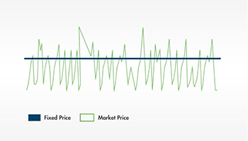 The graph represents how the market price, in green, fluctuates up and down over time; while the fixed price is a steady blue horizontal line.