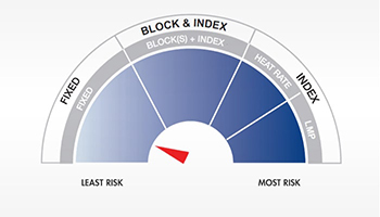 Image displays various levels of risk with fluctuating energy prices, indicating the fixed price offers the least risk and the Location Marginal Pricing (LMP) Index offers the most risk.